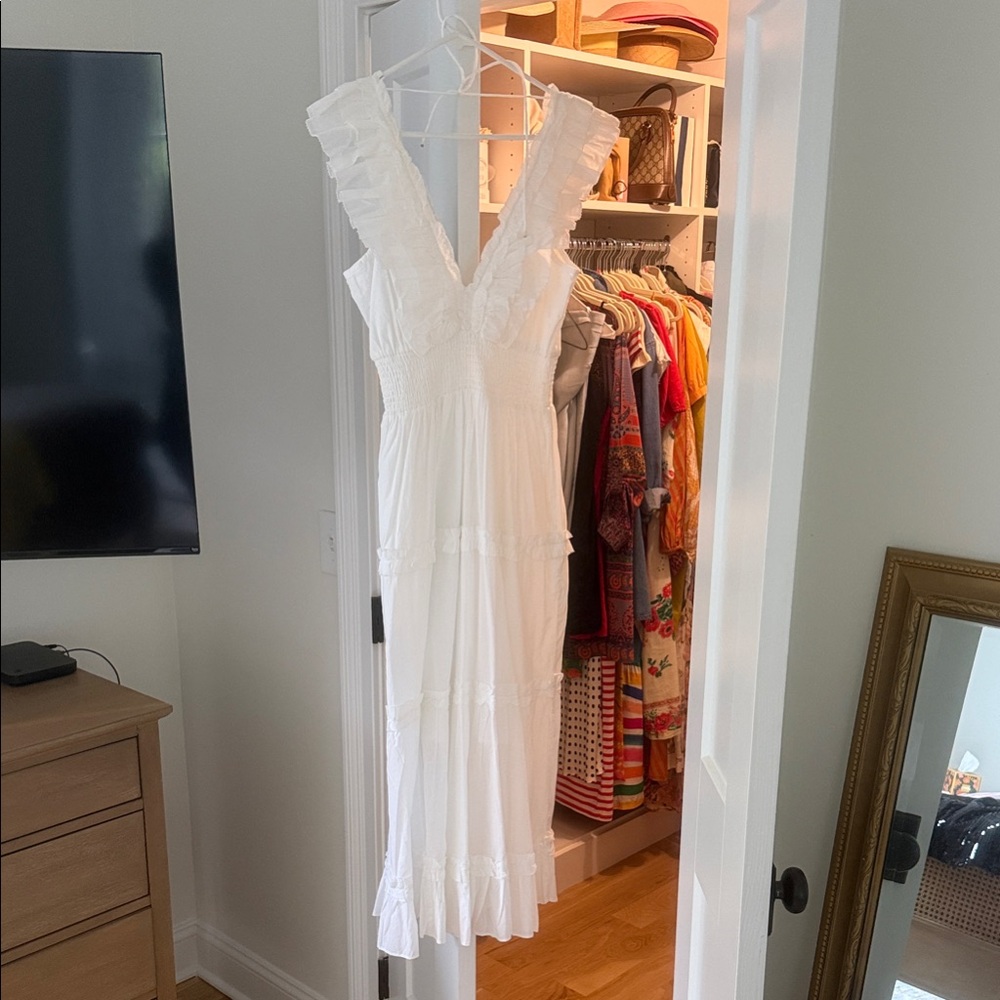 House of Harlow 1960 White Ruffled V-Neck Maxi Dress